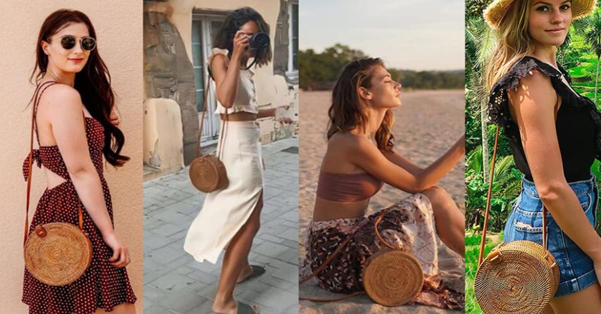 Woven Straw Beach Bag - Natural Rattan Tote for Summer Vacation