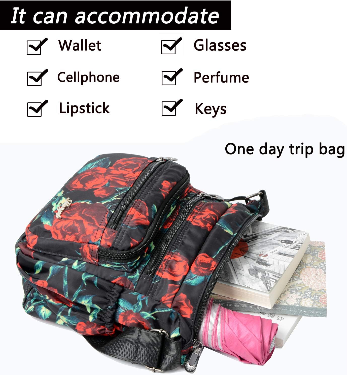 Floral Nylon Crossbody Bag with Multiple Pockets - Perfect for Travel