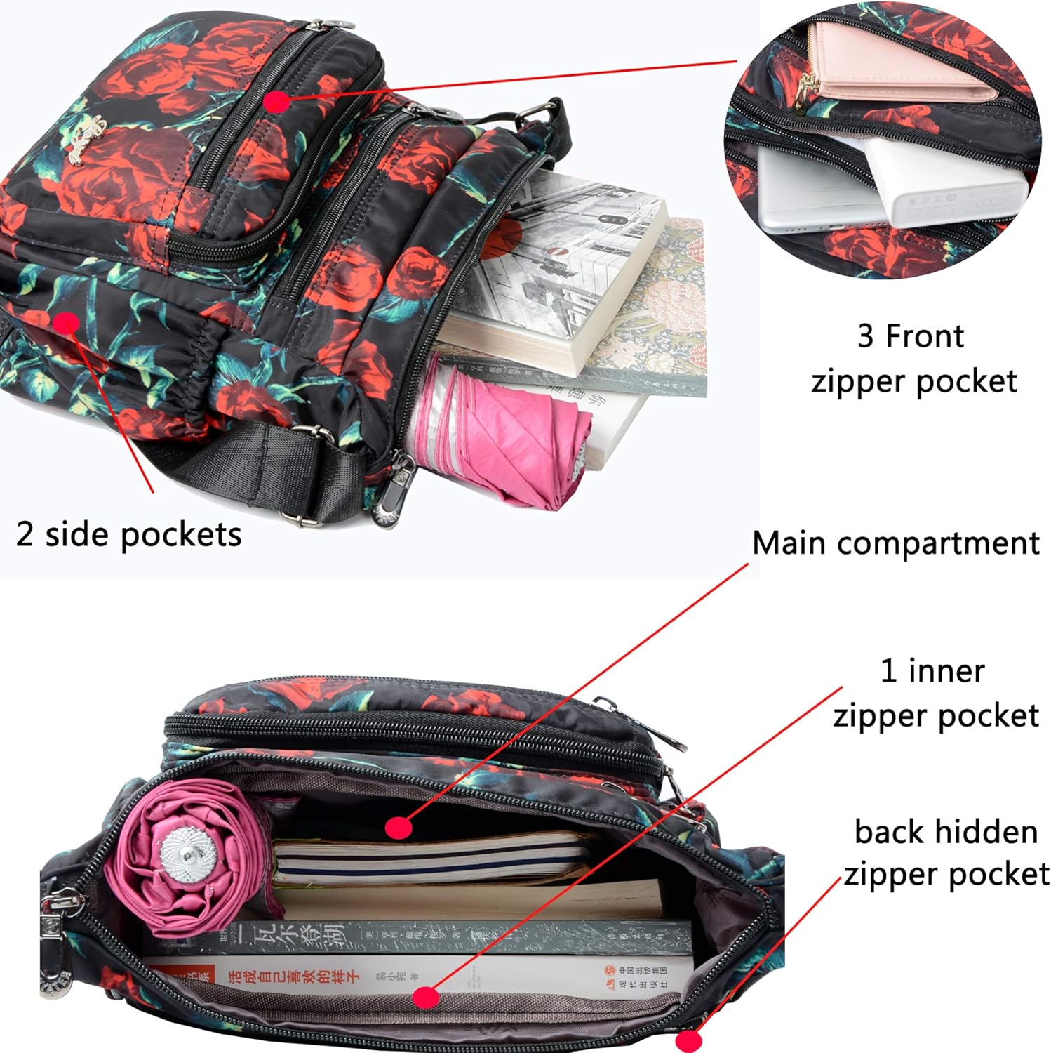 Floral Nylon Crossbody Bag with Multiple Pockets - Perfect for Travel