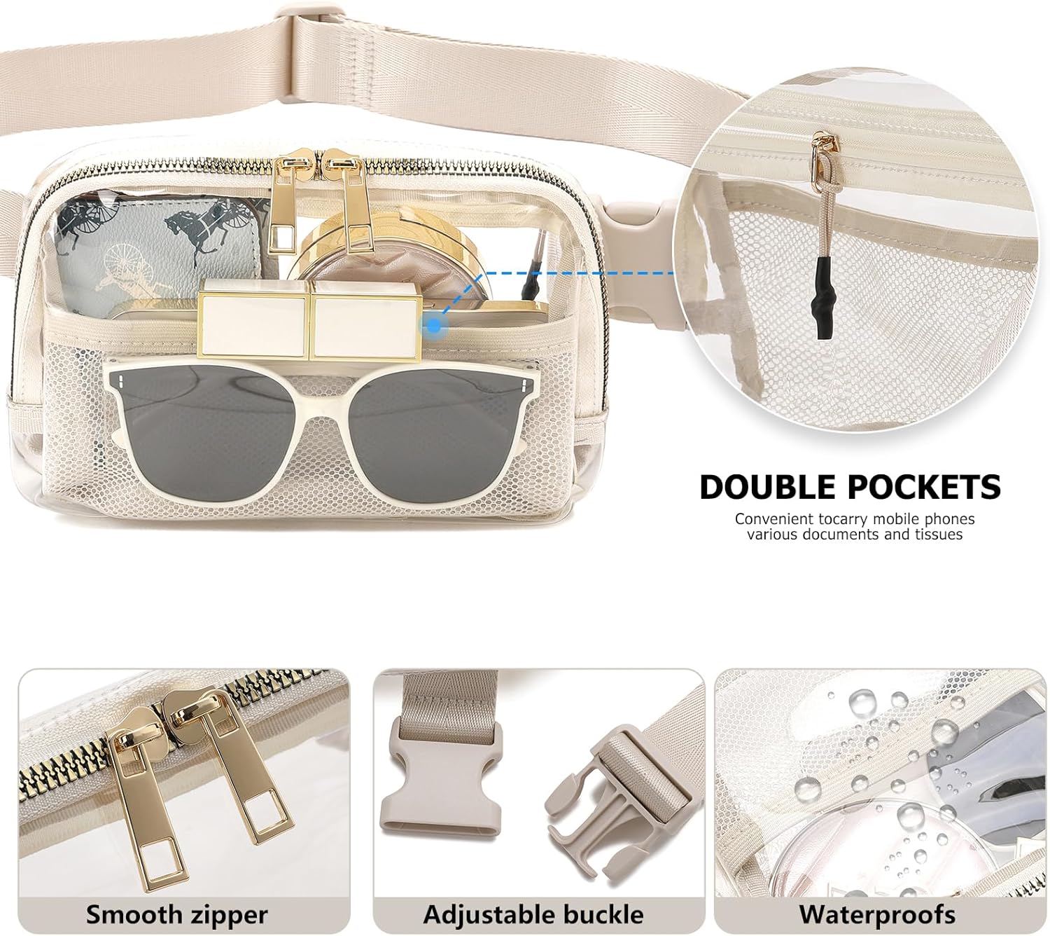 Clear Stadium Approved Fanny Pack - Adjustable Belt Bag for Women & Men (Beige)