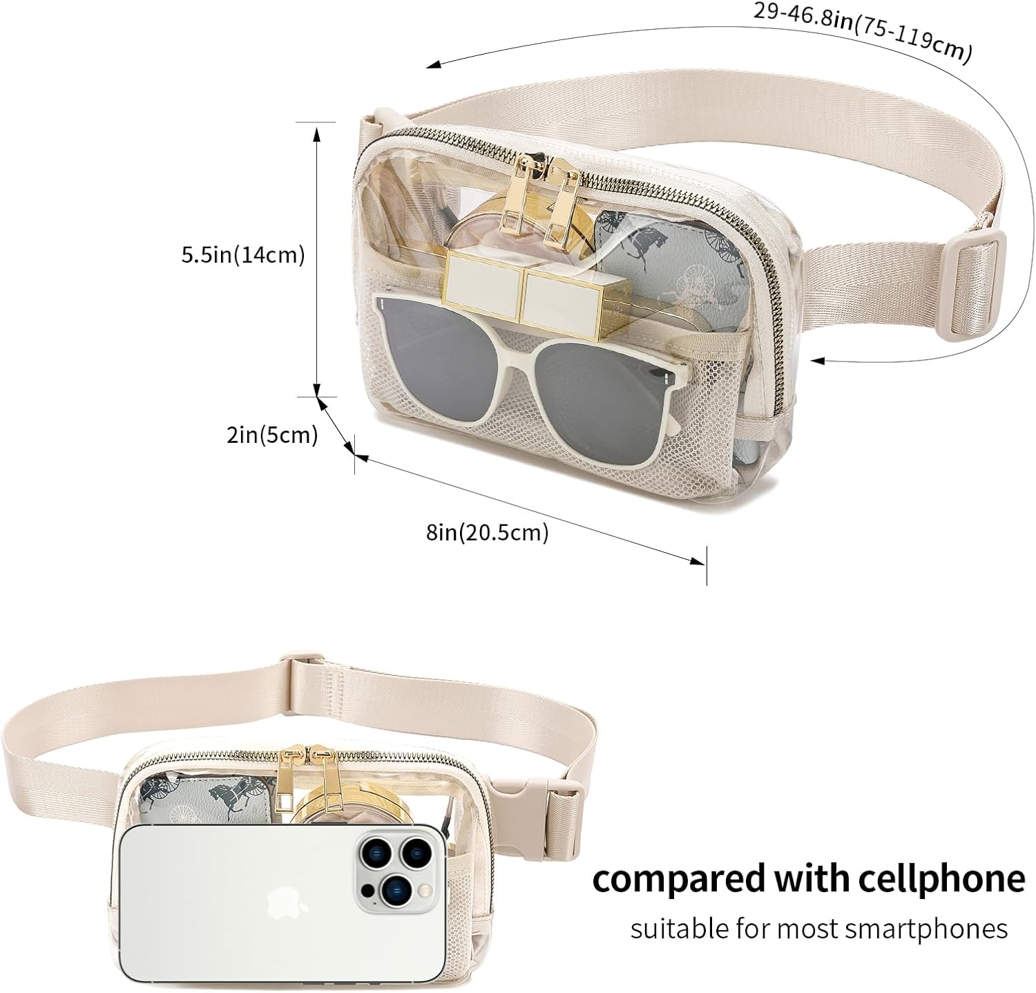Clear Stadium Approved Fanny Pack - Adjustable Belt Bag for Women & Men (Beige)