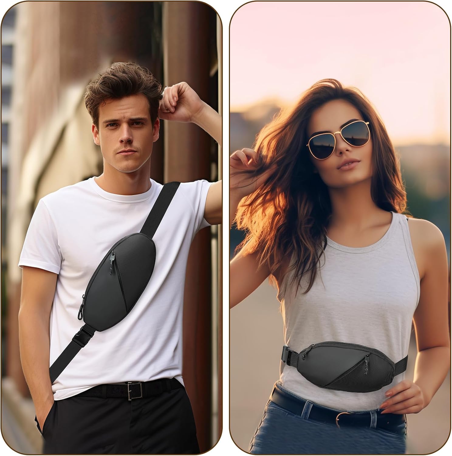 Crossbody Sling Bag - Dual Pocket Fanny Pack for Women & Men - Water Resistant Phone Holder for Running & Travel (Black, Large)