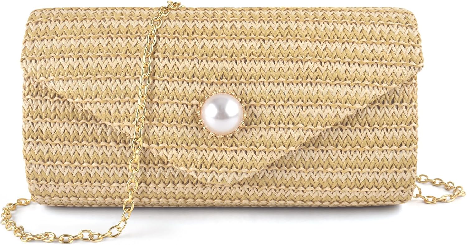 Pearl & Straw Clutch: Boho Crossbody Bag for Beach, Parties & Vacations