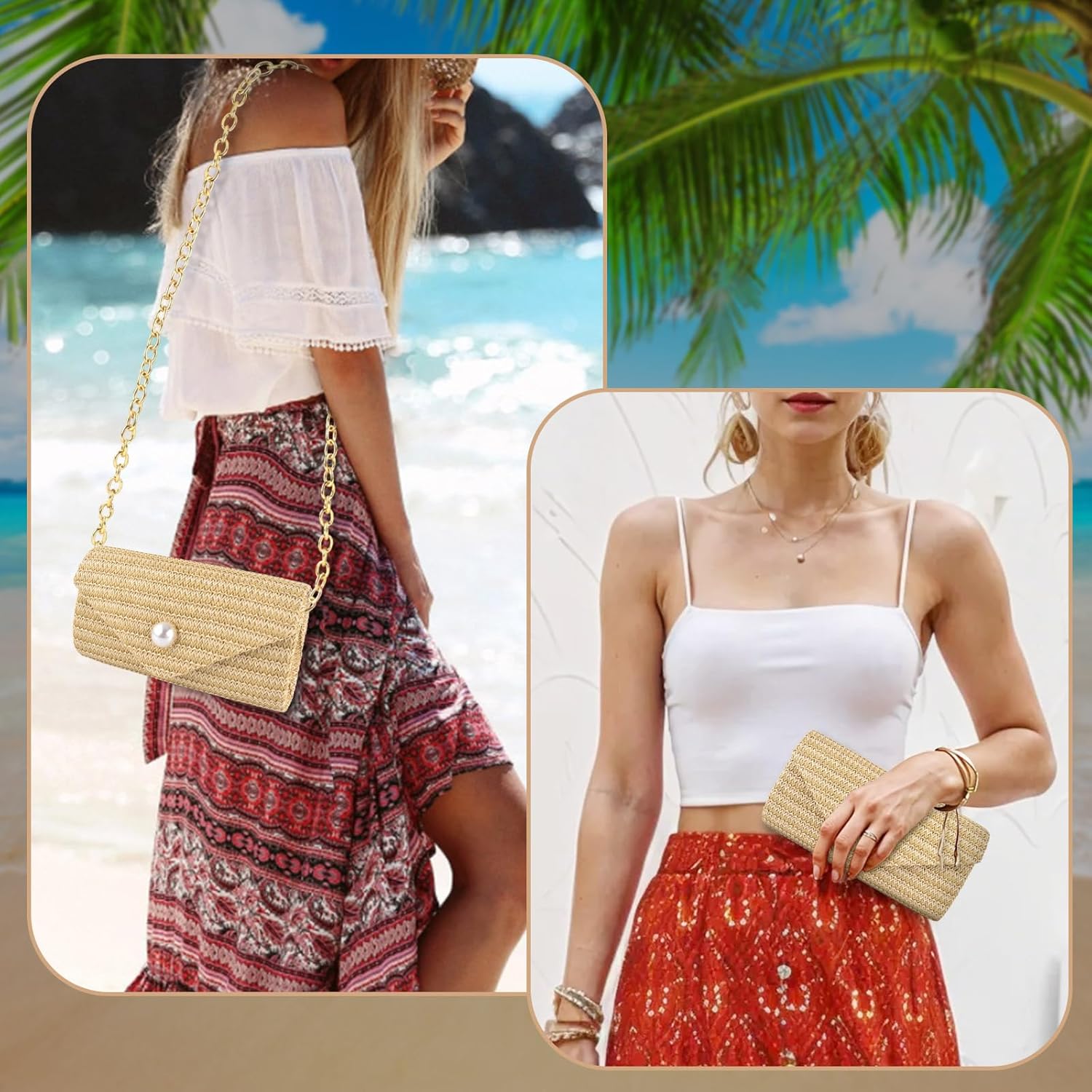 Pearl & Straw Clutch: Boho Crossbody Bag for Beach, Parties & Vacations