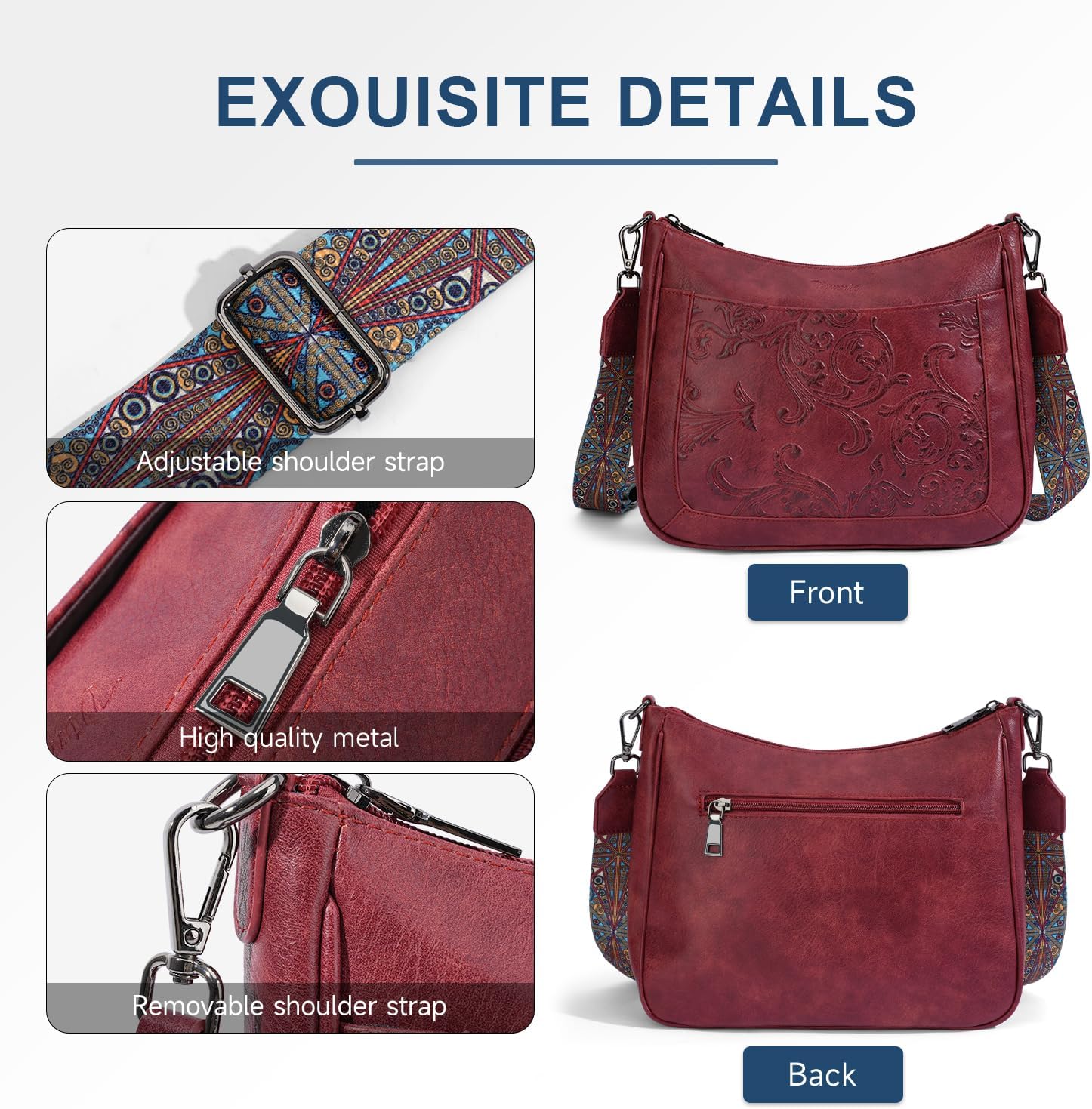 Embossed Flower Vegan Leather Crossbody Bag for Women