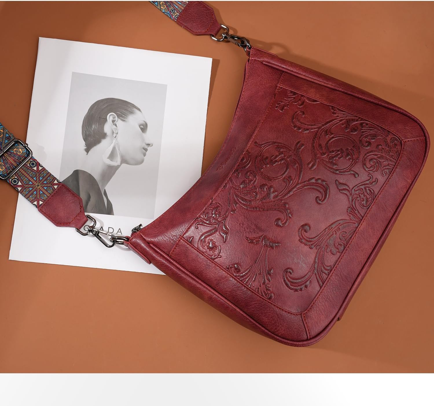 Embossed Flower Vegan Leather Crossbody Bag for Women