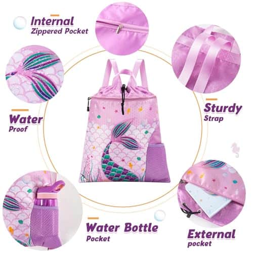 Buy WAWSAM Mermaid Gym Drawstring Backpack String Bag - 15” × 17” Sports Gym Bag for Girls Kids Waterproof Swimming Beach Shopping Yoga Sackpack Birthday Gift with Zippered Pocket and Water Bottle Pocket from bestipro